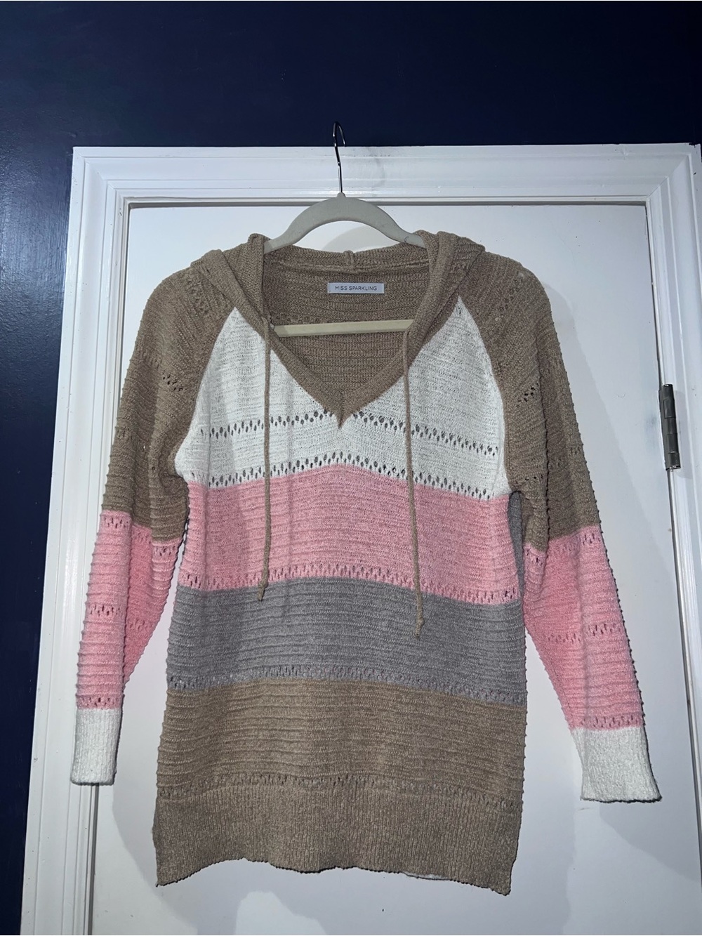 Cozy Striped Hooded Sweater in Taupe, Pink & Gray